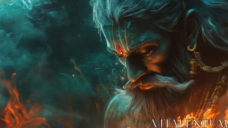 Firelit sage in shimmering teal mist and quiet resolve.