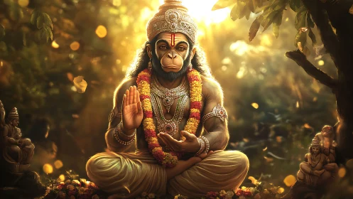 Forest dawn crowns meditating monkey deity in golden hush