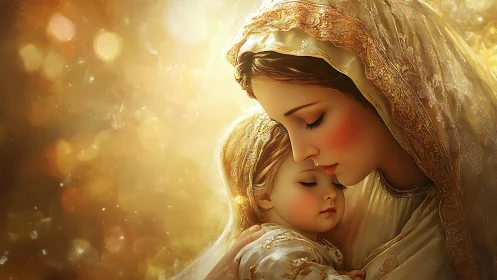 Mother holding sleeping child in warm golden light scene.