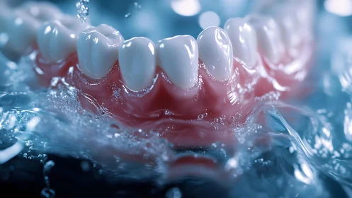 Close-up of Clean Artificial Teeth in Water, Hyperrealistic Style.