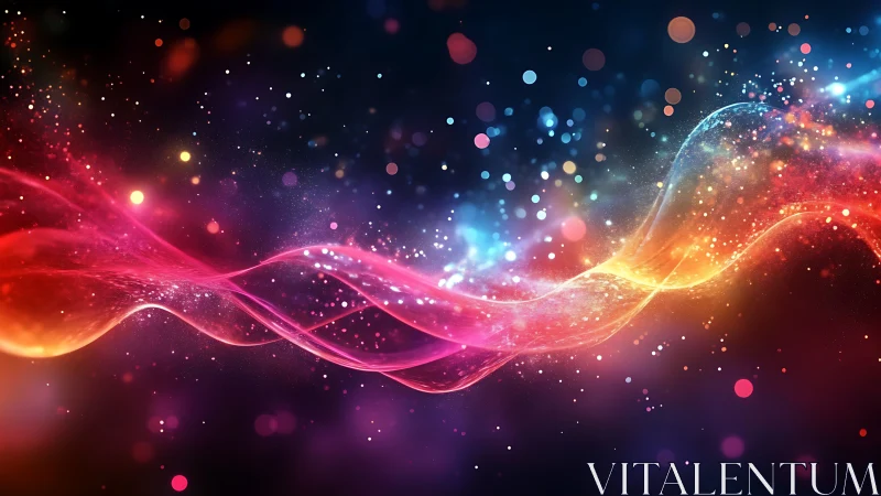 Colorful light waves curve across dark space background