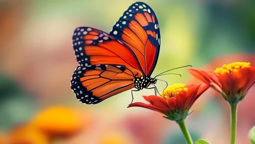 Monarch butterfly macro on vivid orange zinnia blooms.