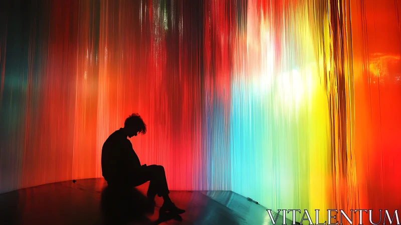 Silhouetted dreamer drifts quietly through liquid neon rain