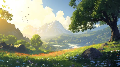 Sunlit alpine valley with wildflower meadow and lone tree.