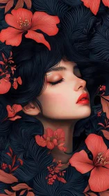 Profile portrait of woman with red flowers in dark hair.