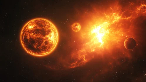 Fiery star cluster igniting planets in dense cosmic field.