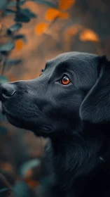 Gentle black dog gazing softly amid golden autumn leaves.