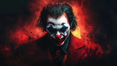 Clown masked figure in red suit against fiery dark backdrop.