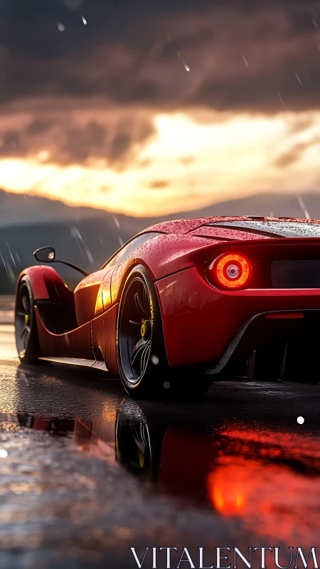 Red hypercar at dusk on wet reflective asphalt road.