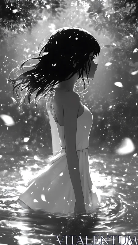 Girl stands in moonlit water as drifting petals frame silence