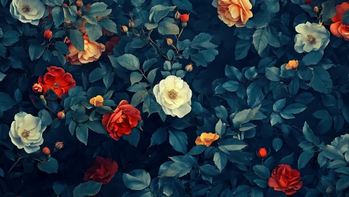 Midnight Garden Dance: Velvet Roses Bloom Against Teal Shadows.