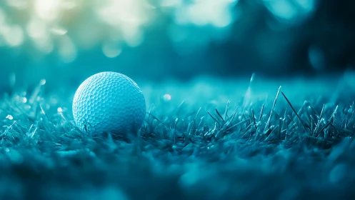 Turquoise golf ball resting in dewy grass with soft bokeh glow.