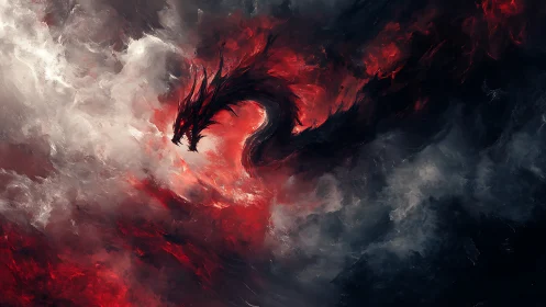 Fiery shadow dragon coils through storm-torn crimson clouds.