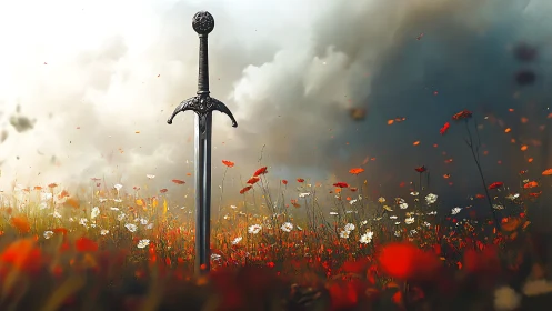 Fantasy sword tableau in stormlit poppy and daisy field.
