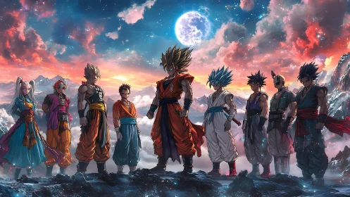 Starlit Saiyan assembly beneath a burning cotton candy sky.