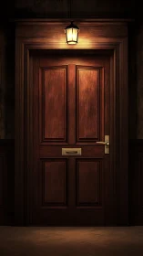 Photorealistic wooden entrance door with warm lantern light.