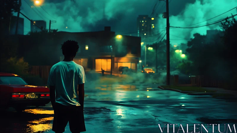 Neon-soaked urban nightscape with solitary street figure, cinematic framing.