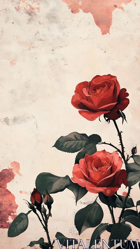 Red roses against distressed vintage background.