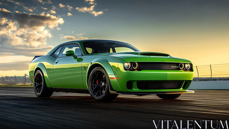 Green sports coupe on racetrack at sunset, side front view.