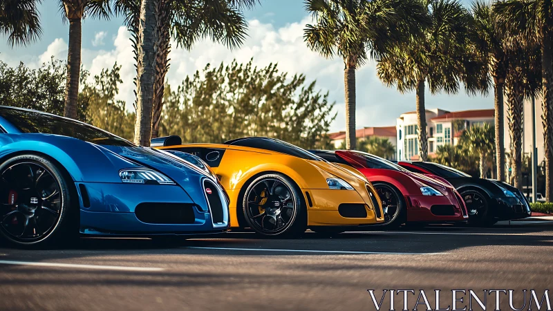 Colorful hypercars line sunny palm-lined boulevard curb
