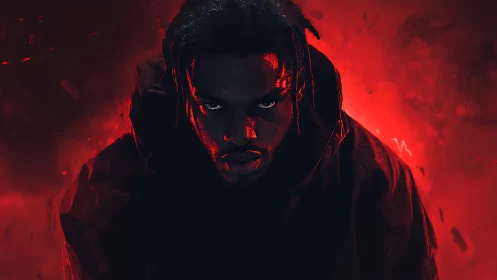 Storm-lit gaze carves a fierce silhouette from liquid crimson