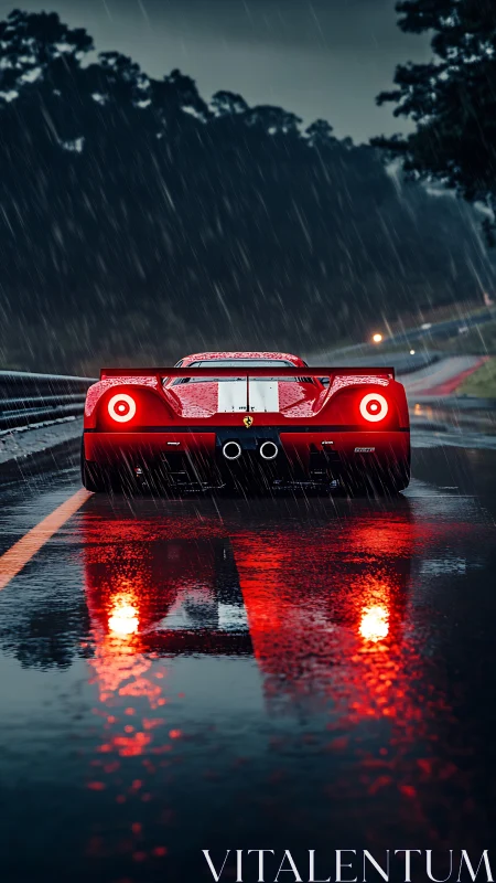 Red sports car glowing on a rainy twilight highway.