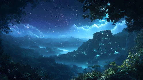 Luminescent Valley Convergence: Bioluminescent Forest Ecosystems Beneath Stellar Zenith.