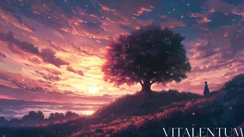 Solitary tree stands against vivid digital sunset sky