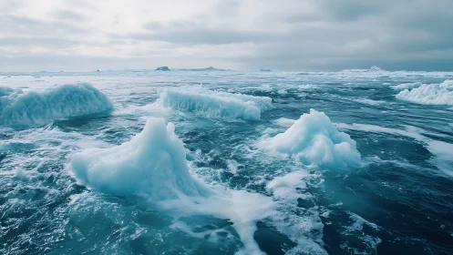 Icy swells roll through a frozen polar seascape under clouds