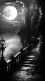Gothic riverside staircase under full moon, monochrome digital painting.