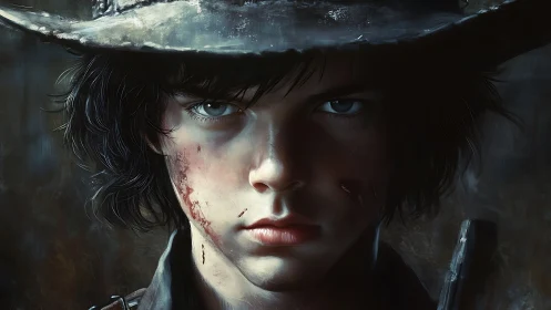 Battle-worn youth stares ahead with steely frontier resolve