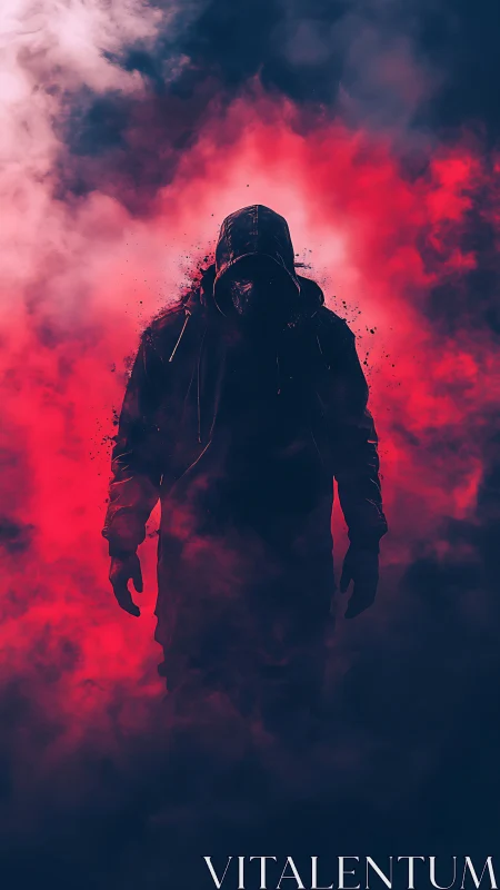 Hooded figure emerges from neon red fog in dramatic silhouette.