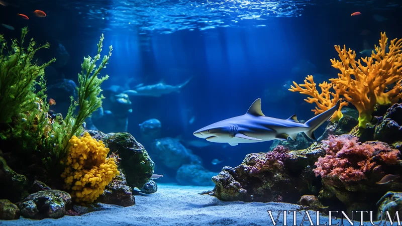 Shark gliding through vivid coral reef in blue aquarium.