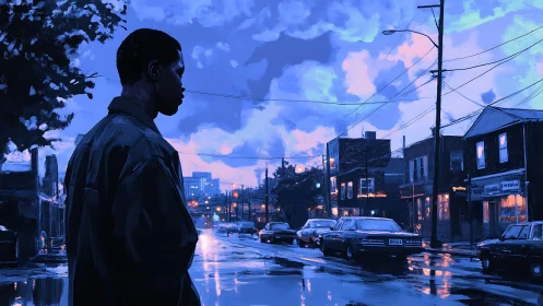 Quiet city evening with a reflective figure in blue light.