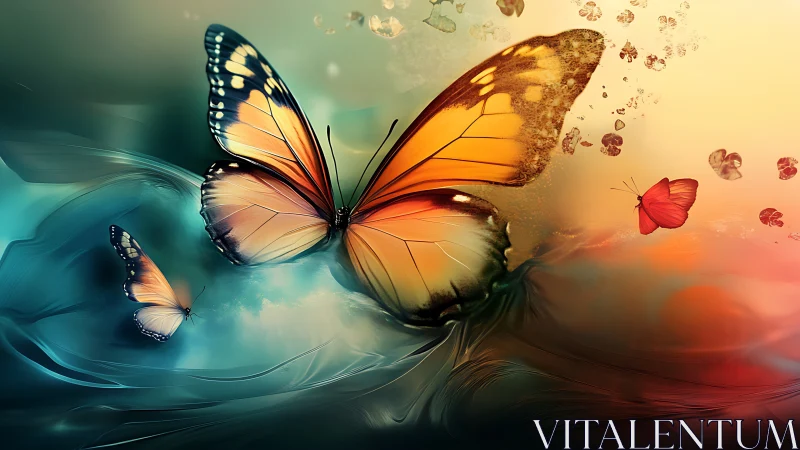 Radiant butterflies drift across a dreamy abstract sky.