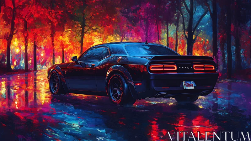 Midnight muscle car prowling a neon painted forest road.