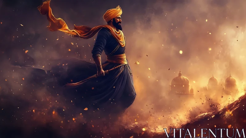 Warrior in turban strides through fiery, smoke-filled battlefield