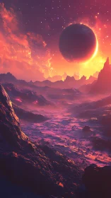 Flaming alien horizon glows warmly beneath a rising planet