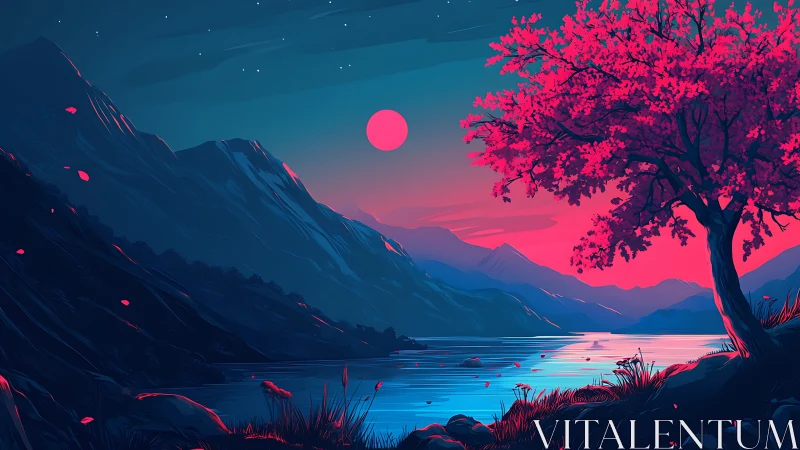 Neon dusk alpine lake with magenta blossom tree foreground