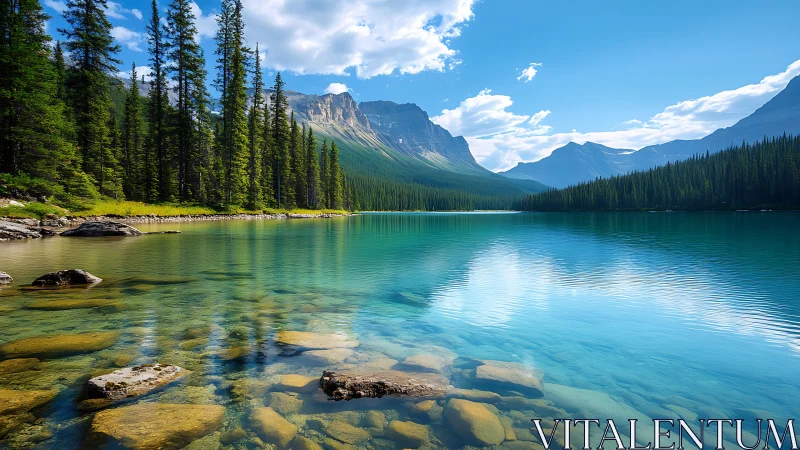 Emerald alpine lake reflects pine forest and distant peaks.