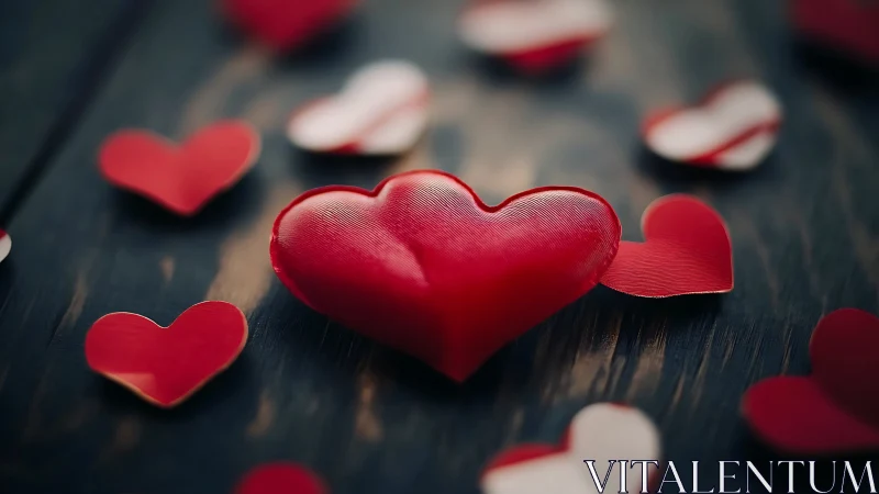 Red heart shapes arranged on dark wooden surface with selective focus.
