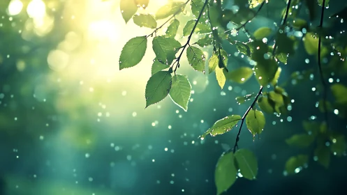 Backlit foliage with shallow-depth bokeh droplets in misted air.