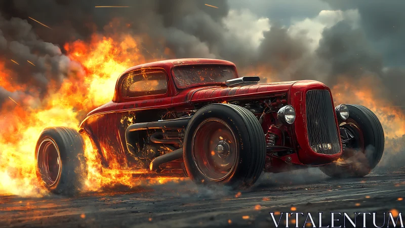 Blazing red hot rod roaring through smoke and fire.