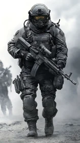 Tactical operator in black exosuit advancing through smoke.