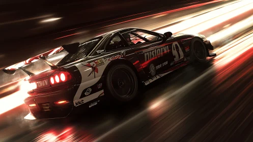 Night racing car in motion on illuminated track surface.