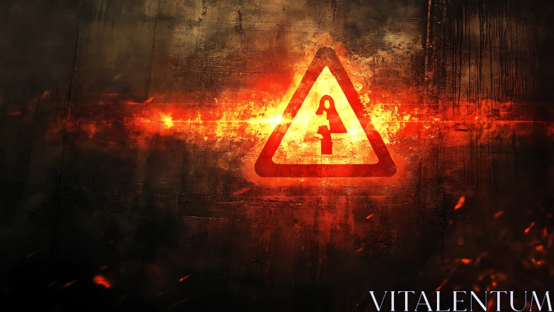 Red triangular warning sign glows intensely against dark textured background.
