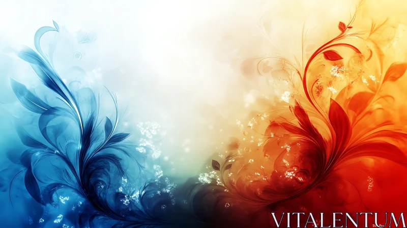 Abstract blue and orange floral curves on light gradient field.