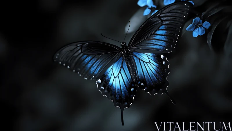Luminous blue butterfly glows softly against a shadowed garden