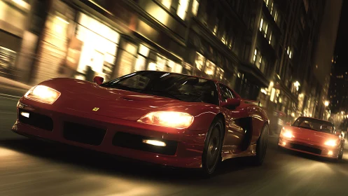 Red sports cars racing through night city streets.