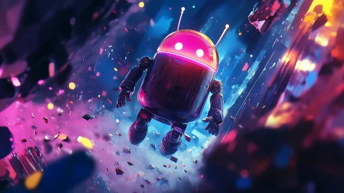 Neon Drift Droid Navigates a Shattered Cosmic Alleyway.
